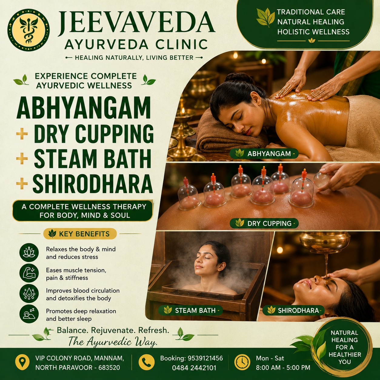 Abhyangam + Dry Cupping + Steam Bath + Shirodhara