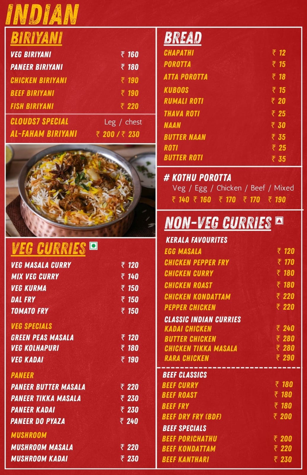 Indian Dishes Menu 